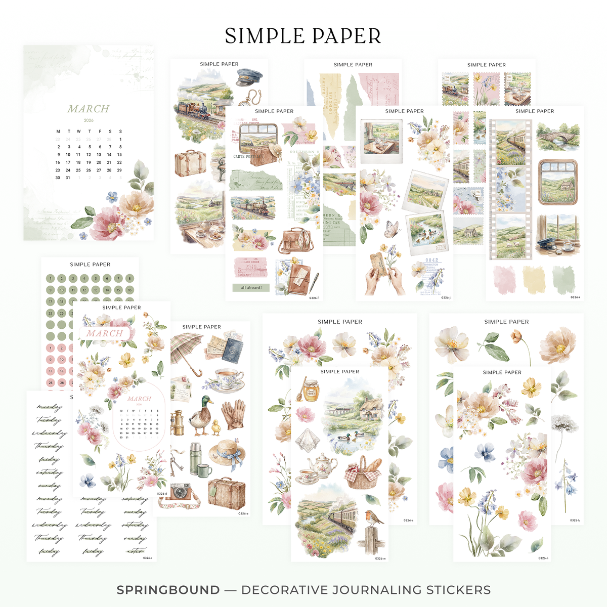 Springbound Full Decorative Kit: 14 sticker sheets of spring florals, travel ephemera and date dots by Simple Paper