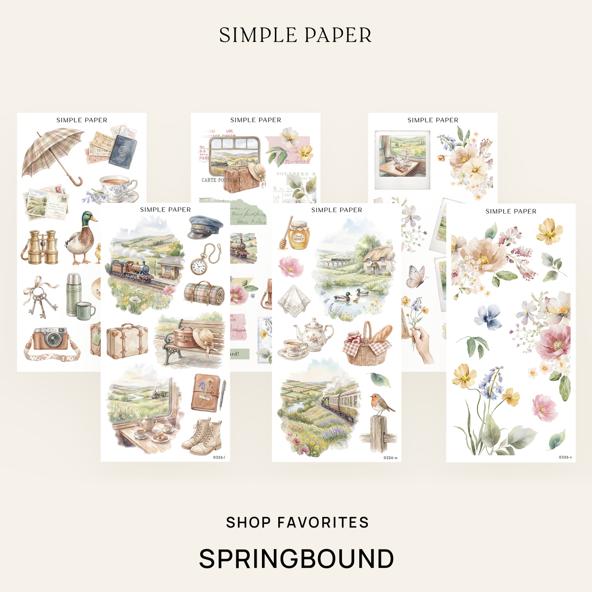 Springbound Shop Favorites Bundle: six sticker sheets with spring florals, trains and countryside scenes by Simple Paper