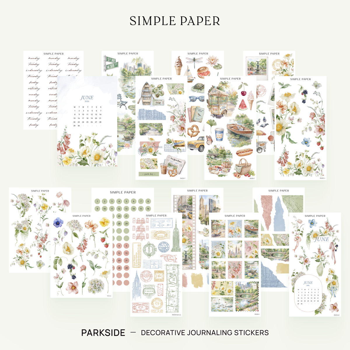 Parkside Full Decorative Kit: 14 sticker sheets of summer blooms, park scenes and date dots by Simple Paper
