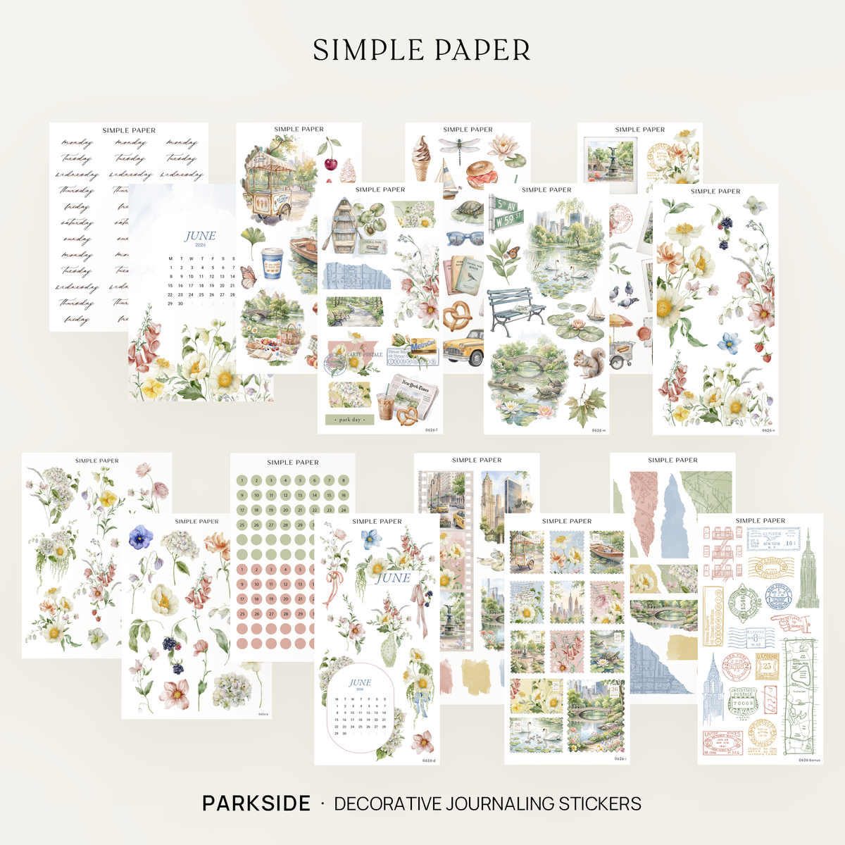Parkside Full Decorative Kit: 14 sticker sheets of summer blooms, park scenes and date dots by Simple Paper