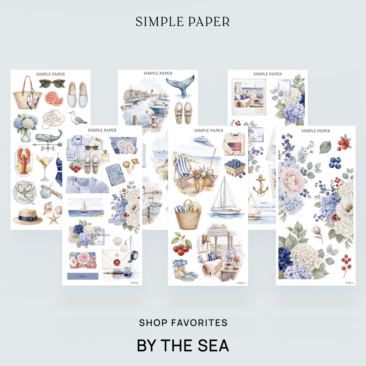 By The Sea Shop Favorites Bundle: six sticker sheets with blue hydrangeas, harbors and seashells by Simple Paper