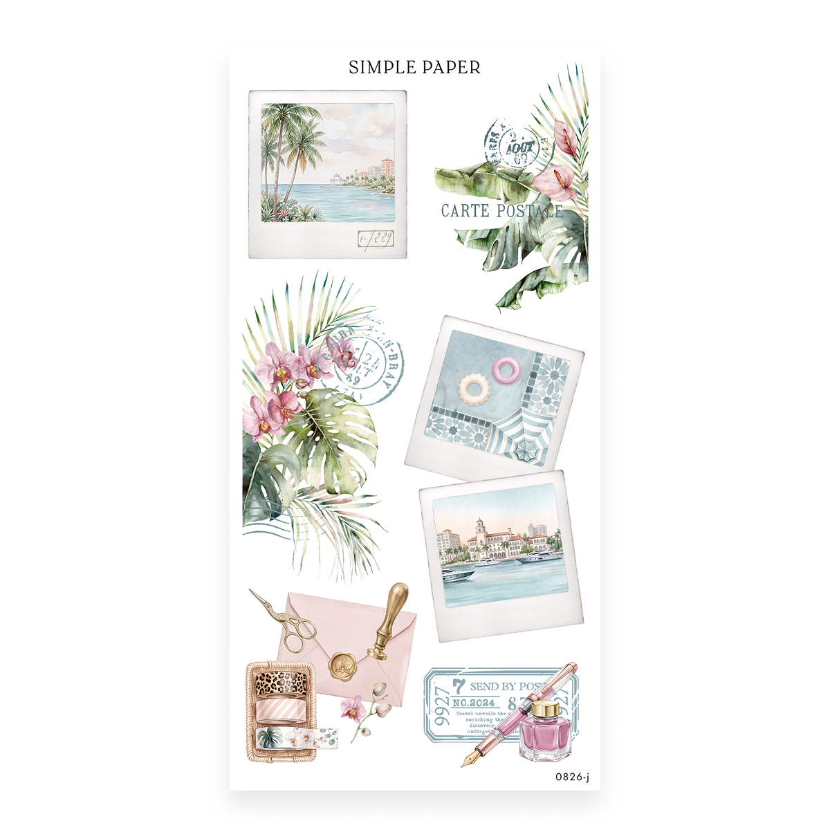 Checking In – Sheet J sticker sheet — polaroid photo-frame borders, palm trees, watercolor tropical resort/cityscape
