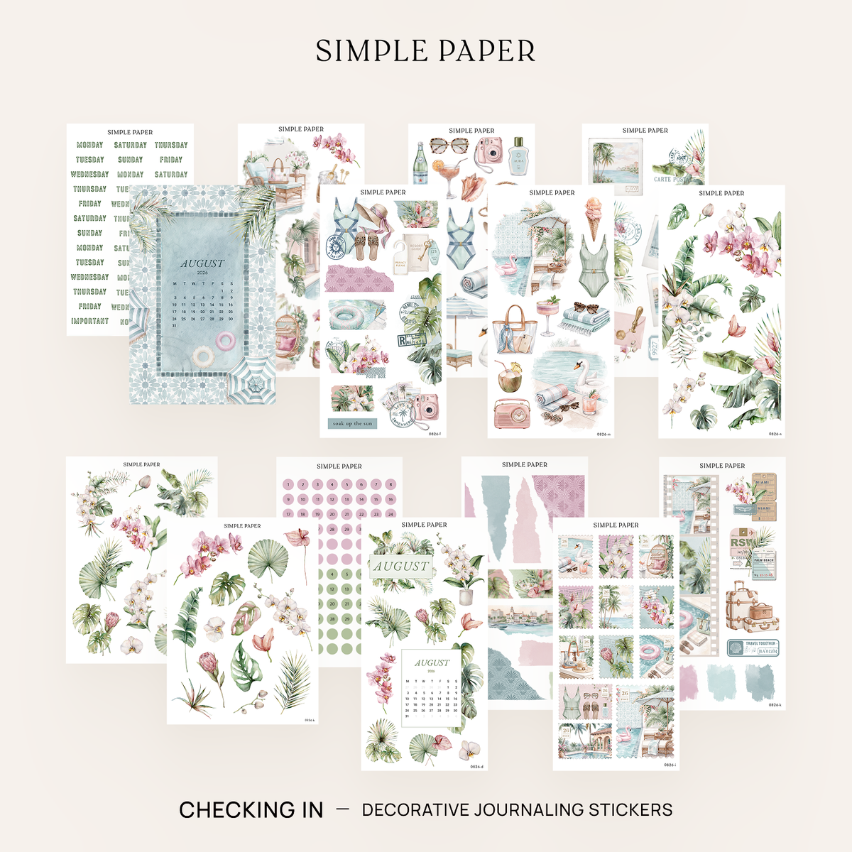 Checking In Full Decorative Kit: 14 sticker sheets of orchids, palms, resort scenes and date dots by Simple Paper