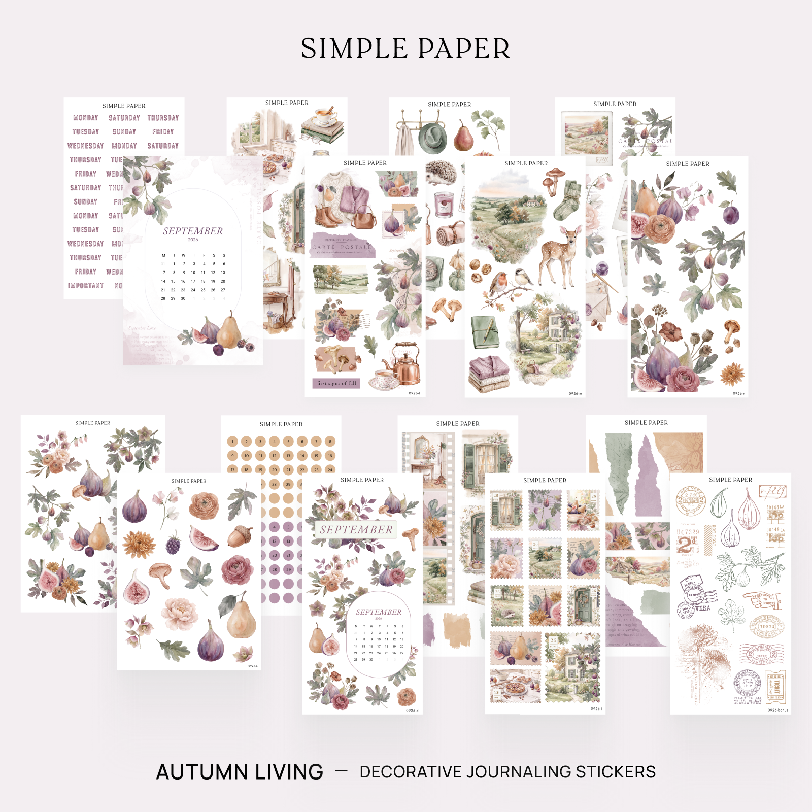 A collage of multiple decorative journaling sticker sheets arranged on a pale pink background, with the text 'SIMPLE PAPER' at the top and 'AUTUMN LIVING - DECORATIVE JOURNALING STICKERS' at the bottom. The stickers feature autumn-themed illustrations including leaves, acorns, pumpkins, flowers, and vintage-style text elements.
