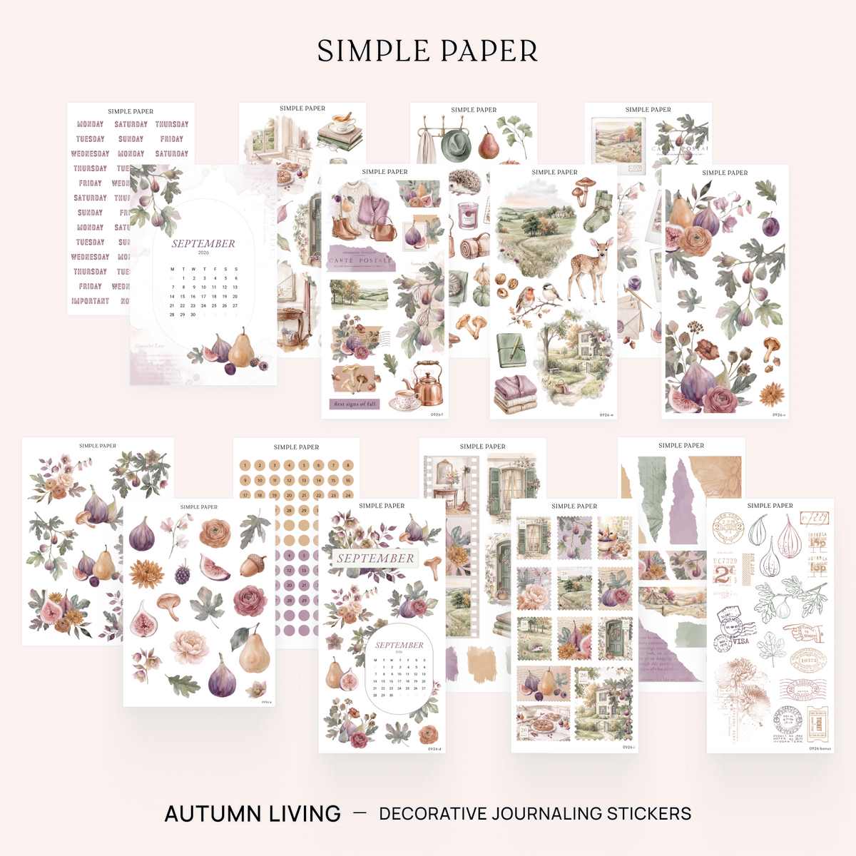 A collage of multiple decorative journaling sticker sheets arranged on a pale pink background, with the text 'SIMPLE PAPER' at the top and 'AUTUMN LIVING - DECORATIVE JOURNALING STICKERS' at the bottom. The stickers feature autumn-themed illustrations including leaves, acorns, pumpkins, flowers, and vintage-style text elements.