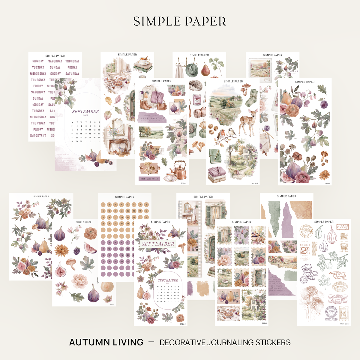 A collage of multiple decorative journaling sticker sheets arranged on a pale pink background, with the text 'SIMPLE PAPER' at the top and 'AUTUMN LIVING - DECORATIVE JOURNALING STICKERS' at the bottom. The stickers feature autumn-themed illustrations including leaves, acorns, pumpkins, flowers, and vintage-style text elements.
