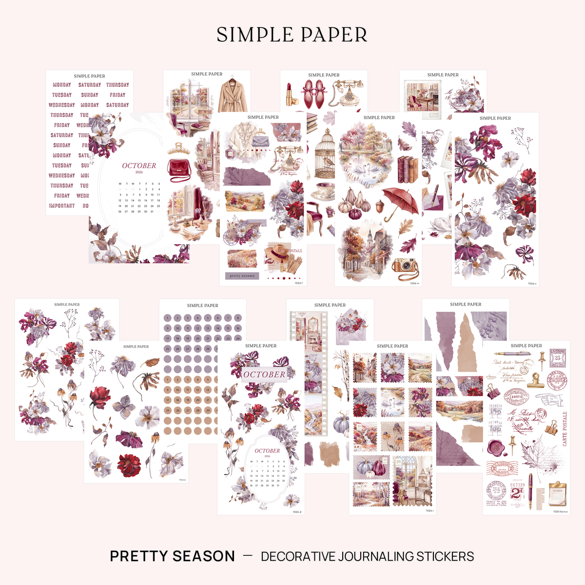 Pretty Season Full Decorative Kit: 14 sticker sheets of watercolor florals, autumn scenes and date dots by Simple Paper