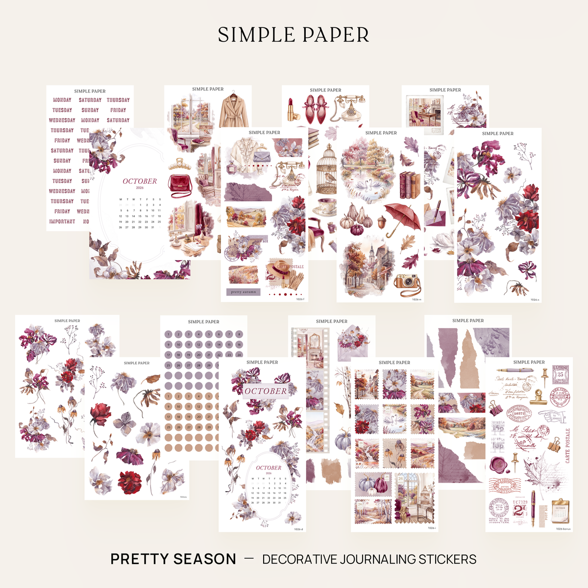 Pretty Season Full Decorative Kit: 14 sticker sheets of watercolor florals, autumn scenes and date dots by Simple Paper