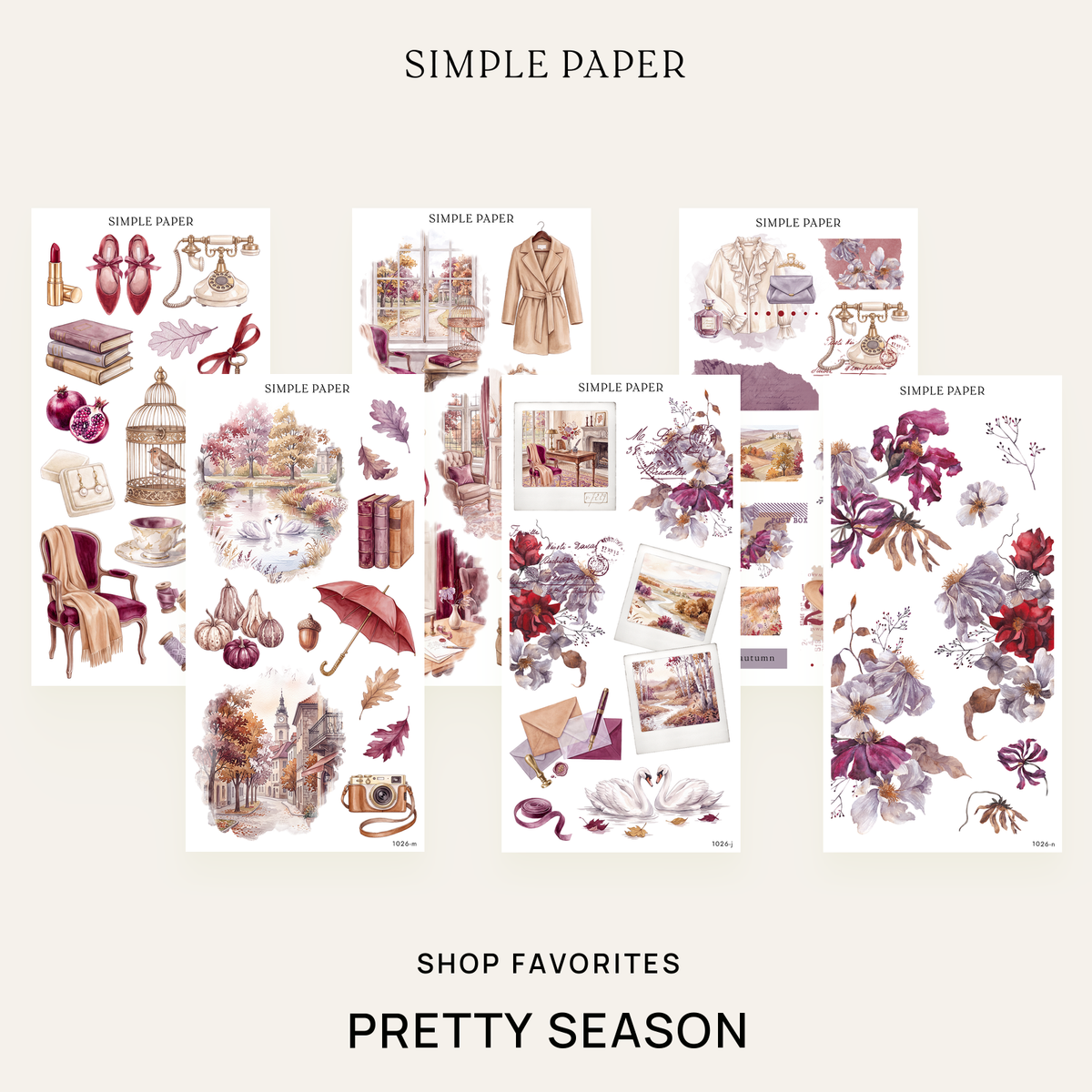 Pretty Season Shop Favorites Bundle: six sticker sheets with watercolor swans, florals and autumn scenes by Simple Paper