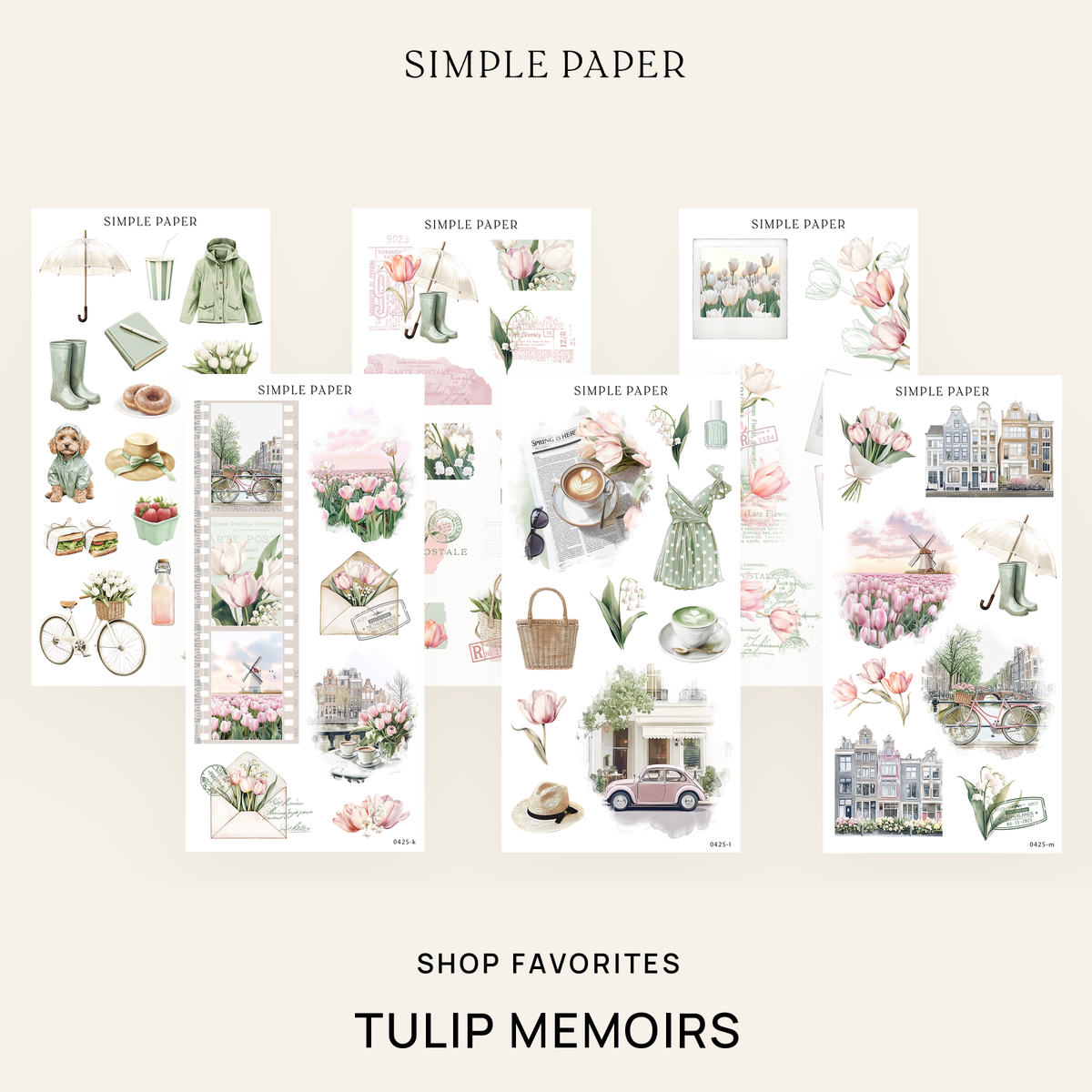 Tulip Memoirs Shop Favorites bundle of sticker sheets with tulips, canal houses, a filmstrip and spring accessories