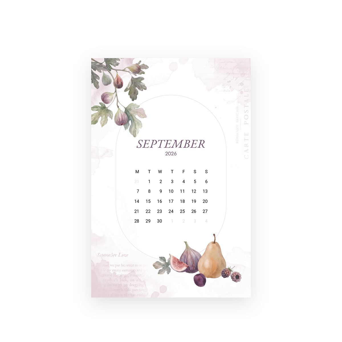 Autumn Living September 2026 Luxe Journaling Card: calendar framed with watercolor figs, pears and plums by Simple Paper