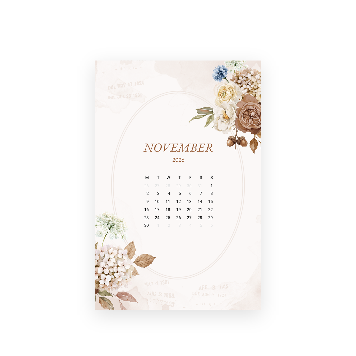 November 2026 calendar journaling card framed with watercolor roses, hydrangeas, a blue cornflower and acorns