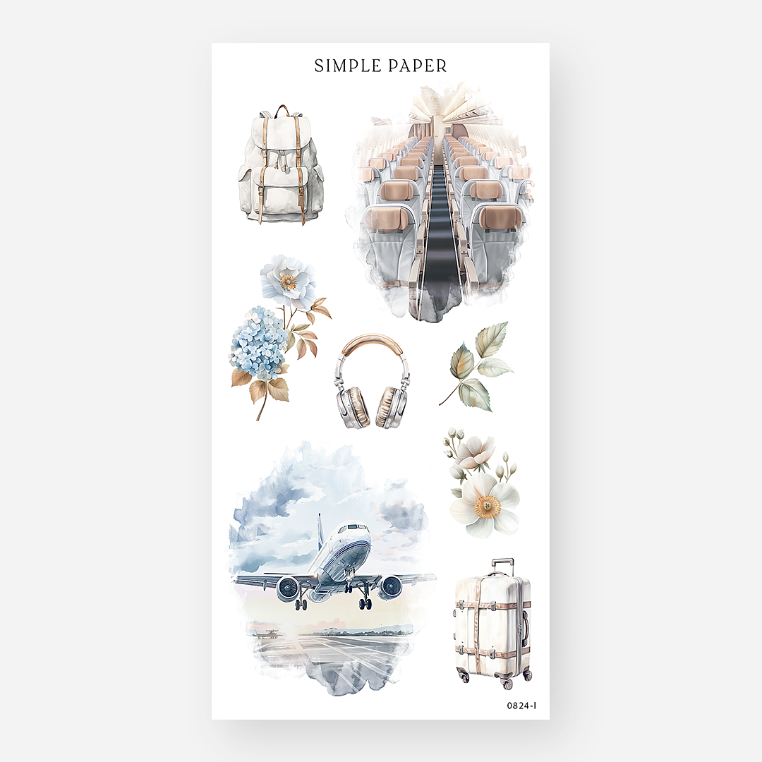 Airplane boarding scene, luggage, backpack, headphones, florals – August Sheet L by Simple Paper