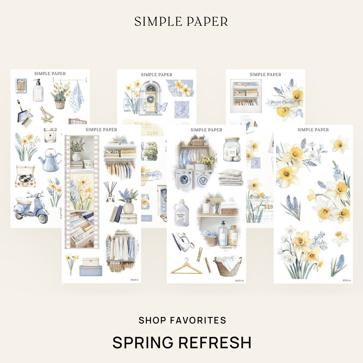 Spring Refresh Shop Favorites sticker sheets with daffodils, closets and laundry scenes