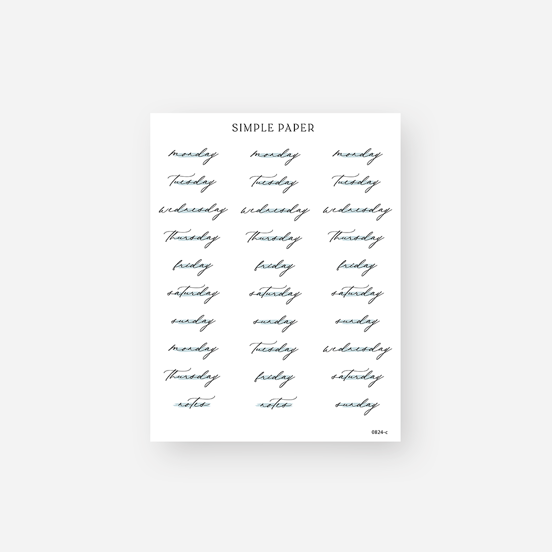 Minimal day-of-the-week script stickers in black calligraphy – August Sheet C for journaling and planner spreads