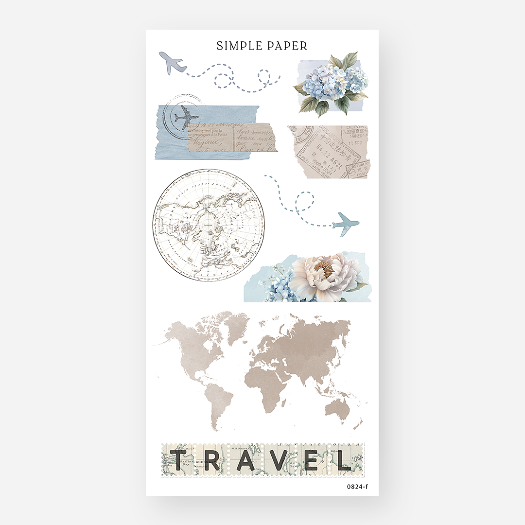 Travel-themed sticker sheet with world maps, airplanes, postage, and floral accents – August Sheet F by Simple Paper