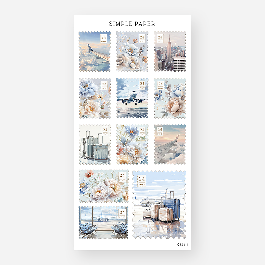 Postage stamp stickers featuring florals, airplanes, luggage, and travel scenes – August Sheet I by Simple Paper