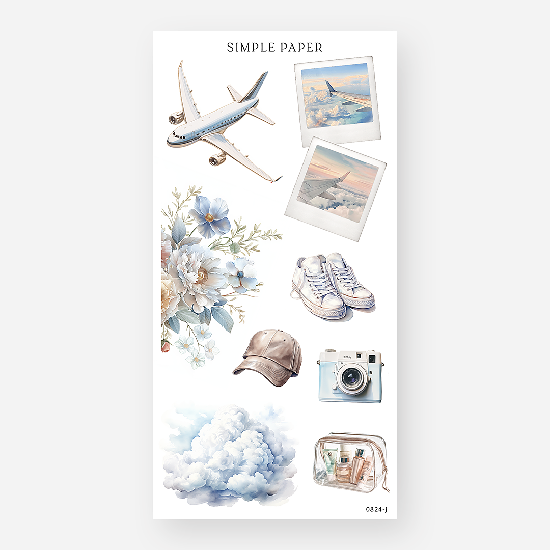 Travel essentials sticker sheet with florals, plane, polaroids, sneakers, clouds, and a toiletry bag – August Sheet J by Simple Paper