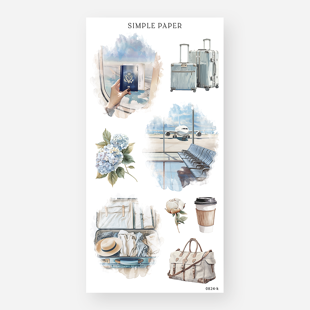 Travel sticker sheet with luggage, airport seating, passport, flowers, coffee cup, and soft watercolor accents – August Sheet K by Simple Paper
