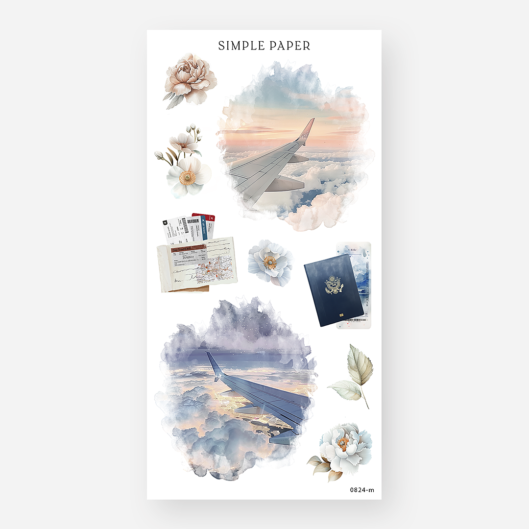 Airplane wing window views, passport stamps, and clouds – August Sheet M travel journaling stickers
