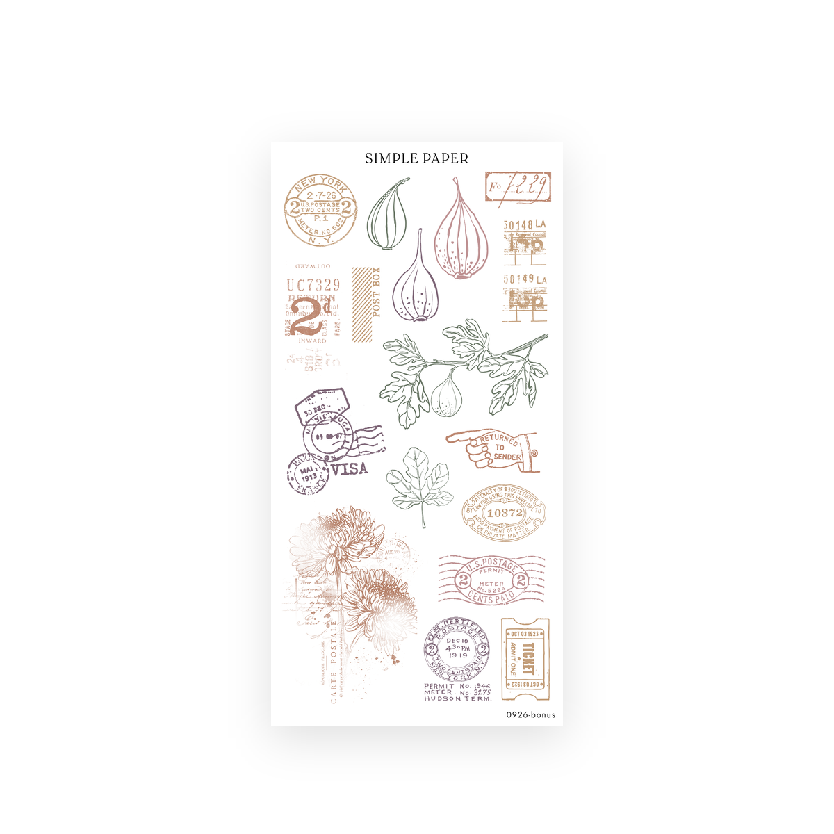 Autumn Living bonus sticker sheet: postage stamps, postmarks, ticket stub and fig and chrysanthemum line drawings