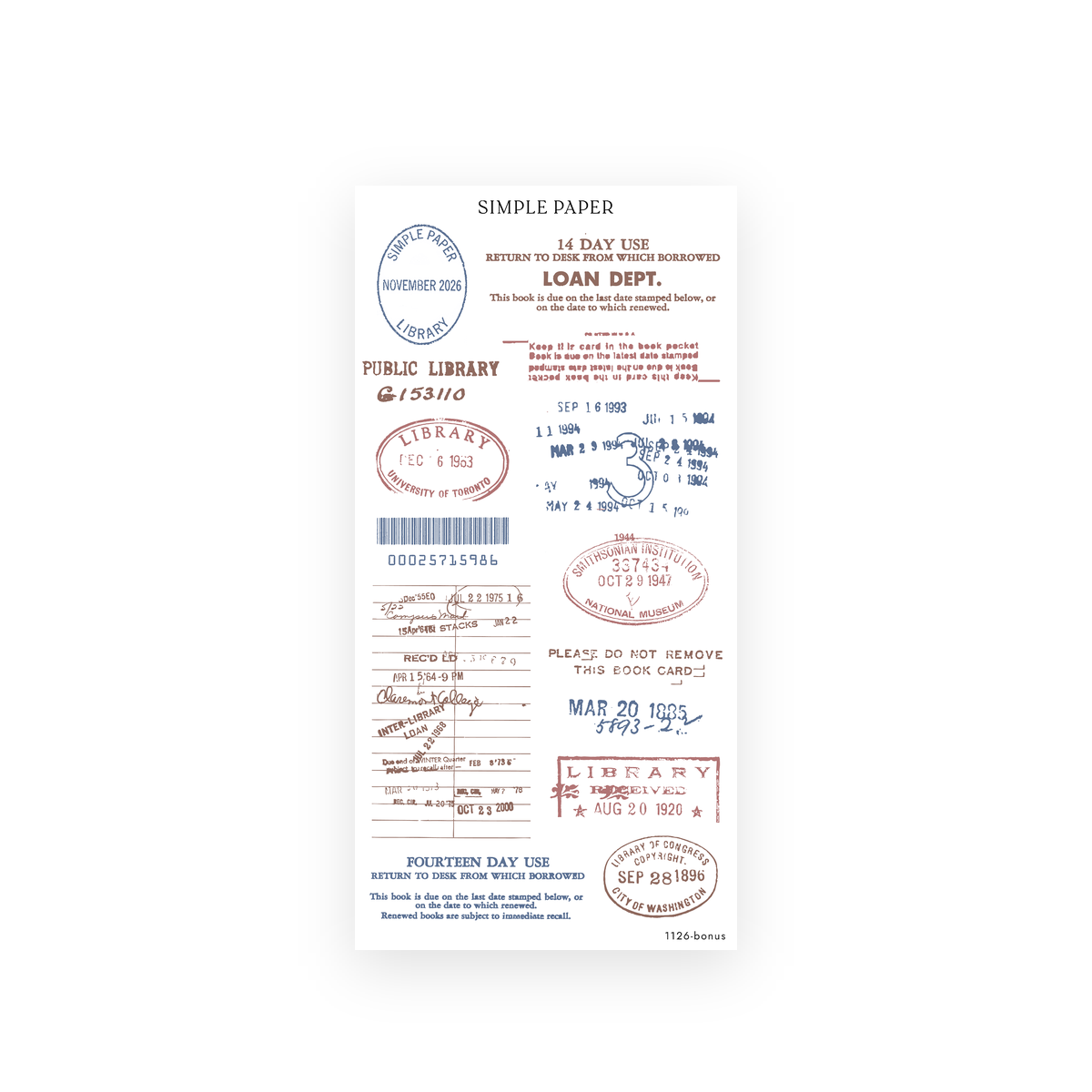 Library rubber stamp stickers, due-date cards, loan desk notices, a barcode and dated postmarks in rose and blue ink