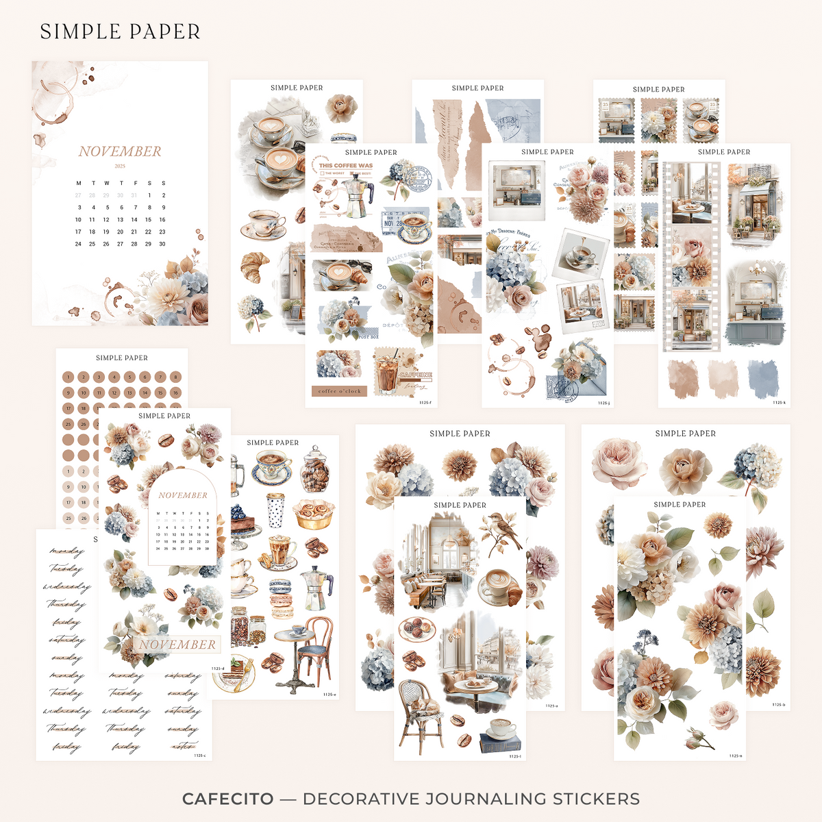 Cafecito full decorative sticker kit with coffee, cafe interior, stamp, calendar and floral sheets in tan and dusty blue