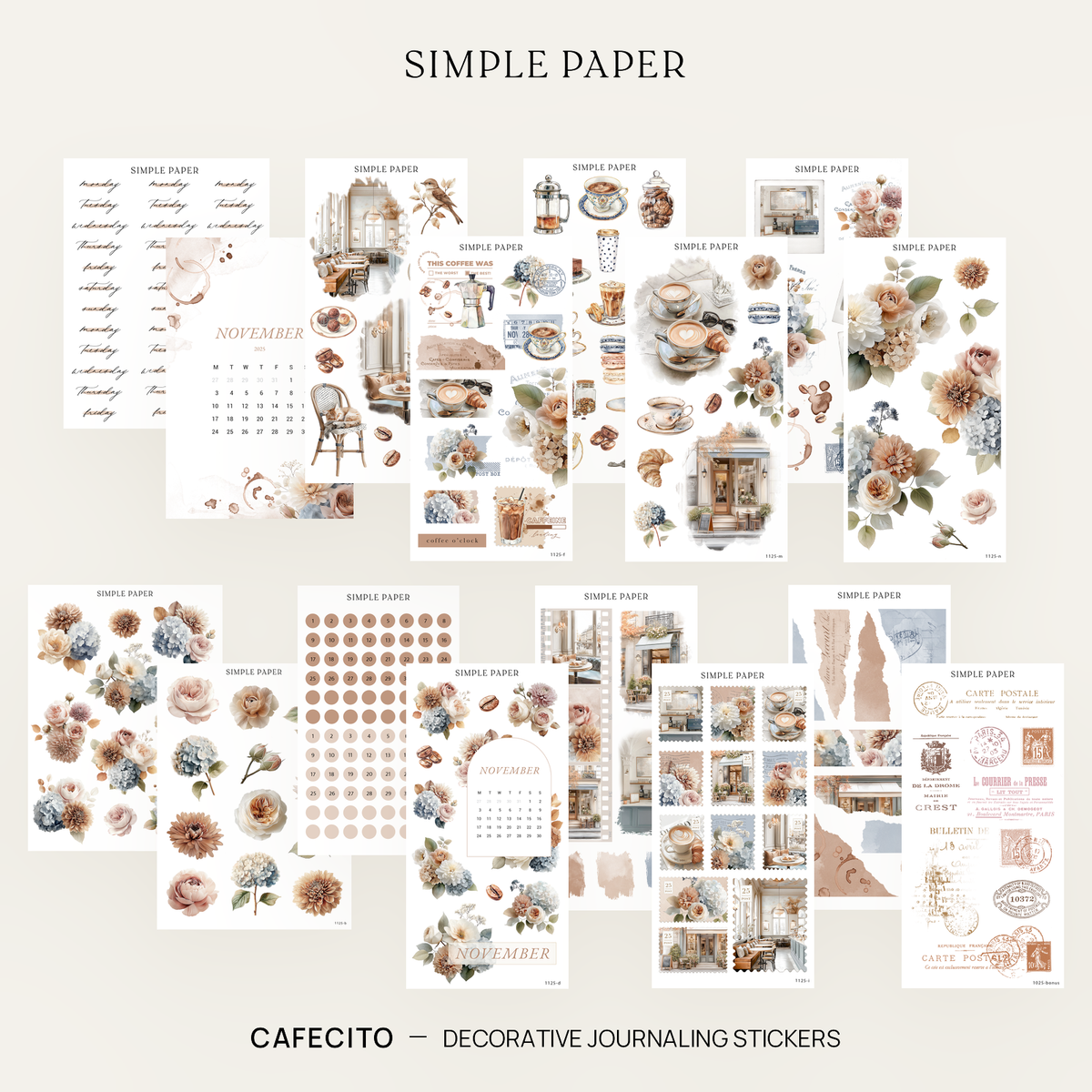Cafecito full decorative sticker kit with coffee, cafe interior, stamp, calendar and floral sheets in tan and dusty blue