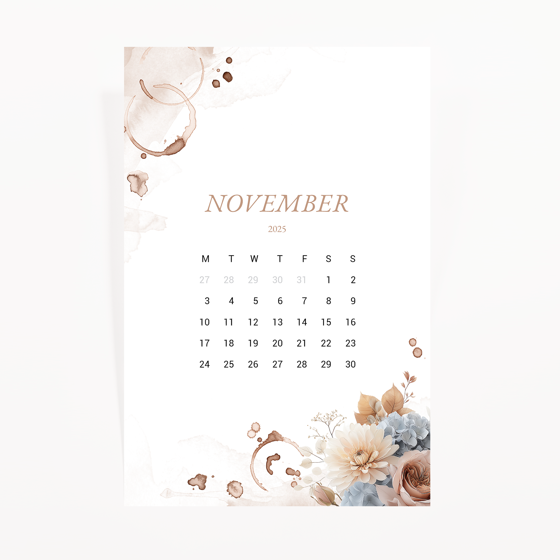 Cafecito – November calendar dashboard with coffee stains and floral design