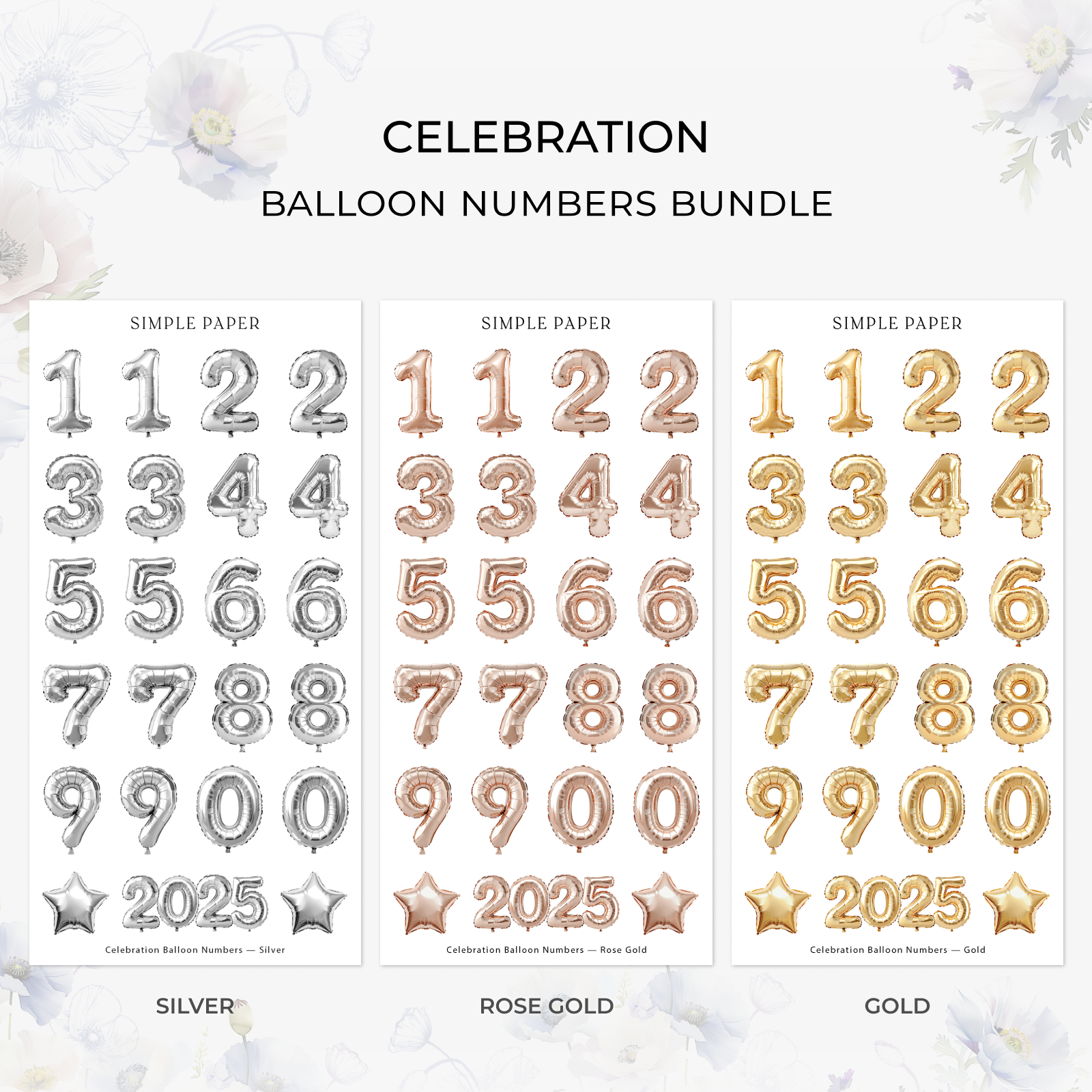 Celebration Balloon Numbers Bundle with silver, rose gold, and gold sticker sheets featuring numbers, stars, and 2025.