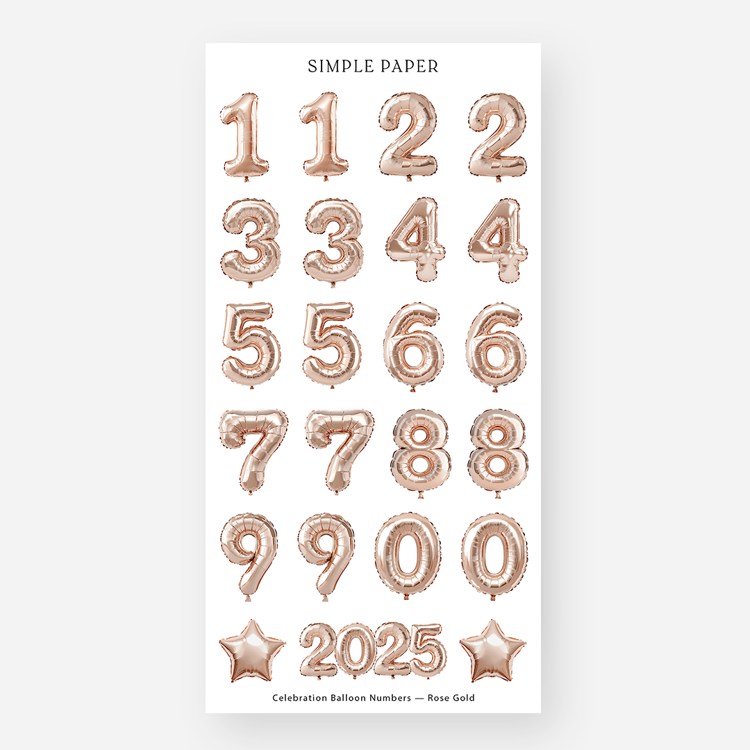 Rose Gold Balloon Numbers Sticker Sheet featuring numbers 0-9, stars, and "2025" in a metallic balloon design, pat of the Celebration collection.