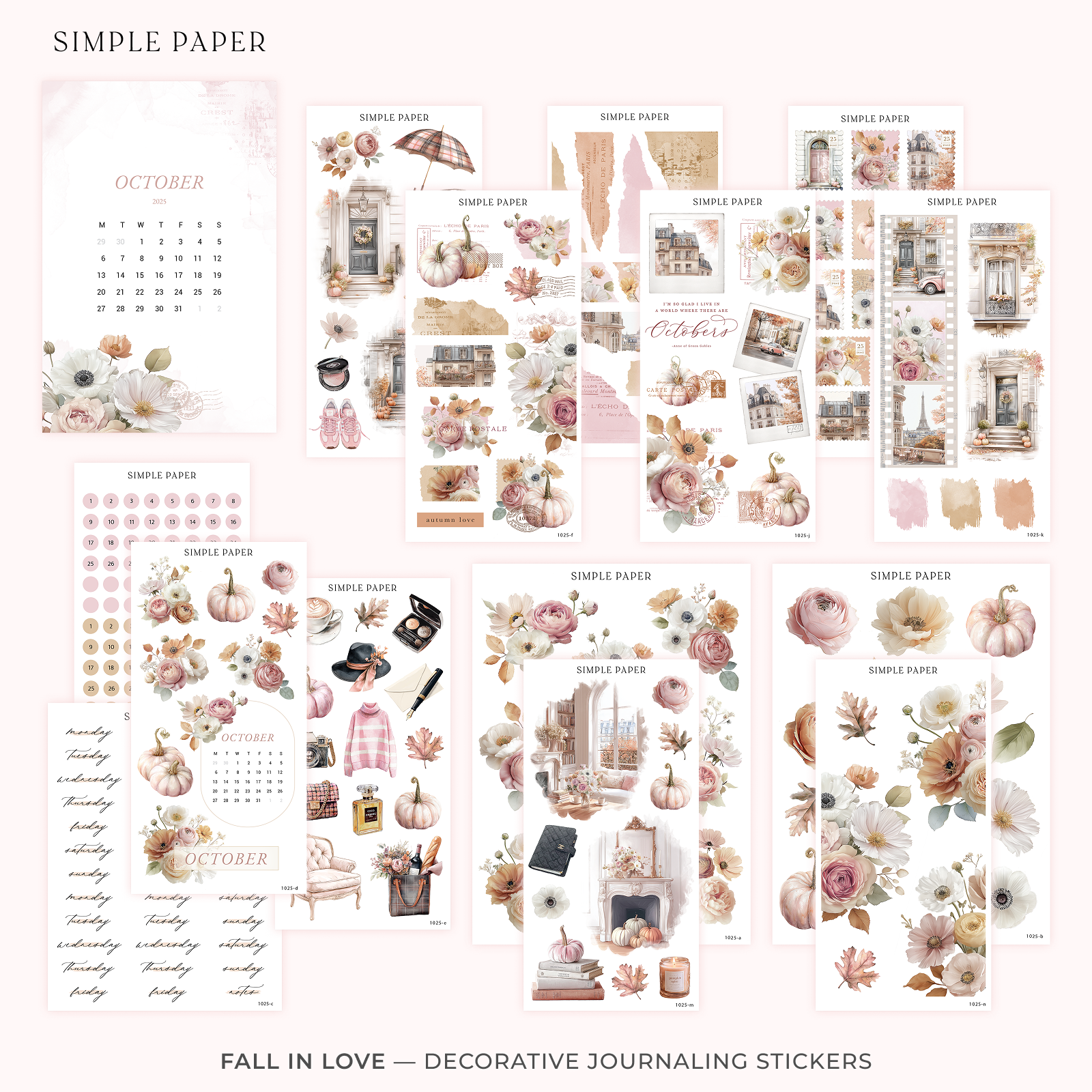 Fall in Love – full decorative journaling sticker kit with autumn florals and Parisian accents