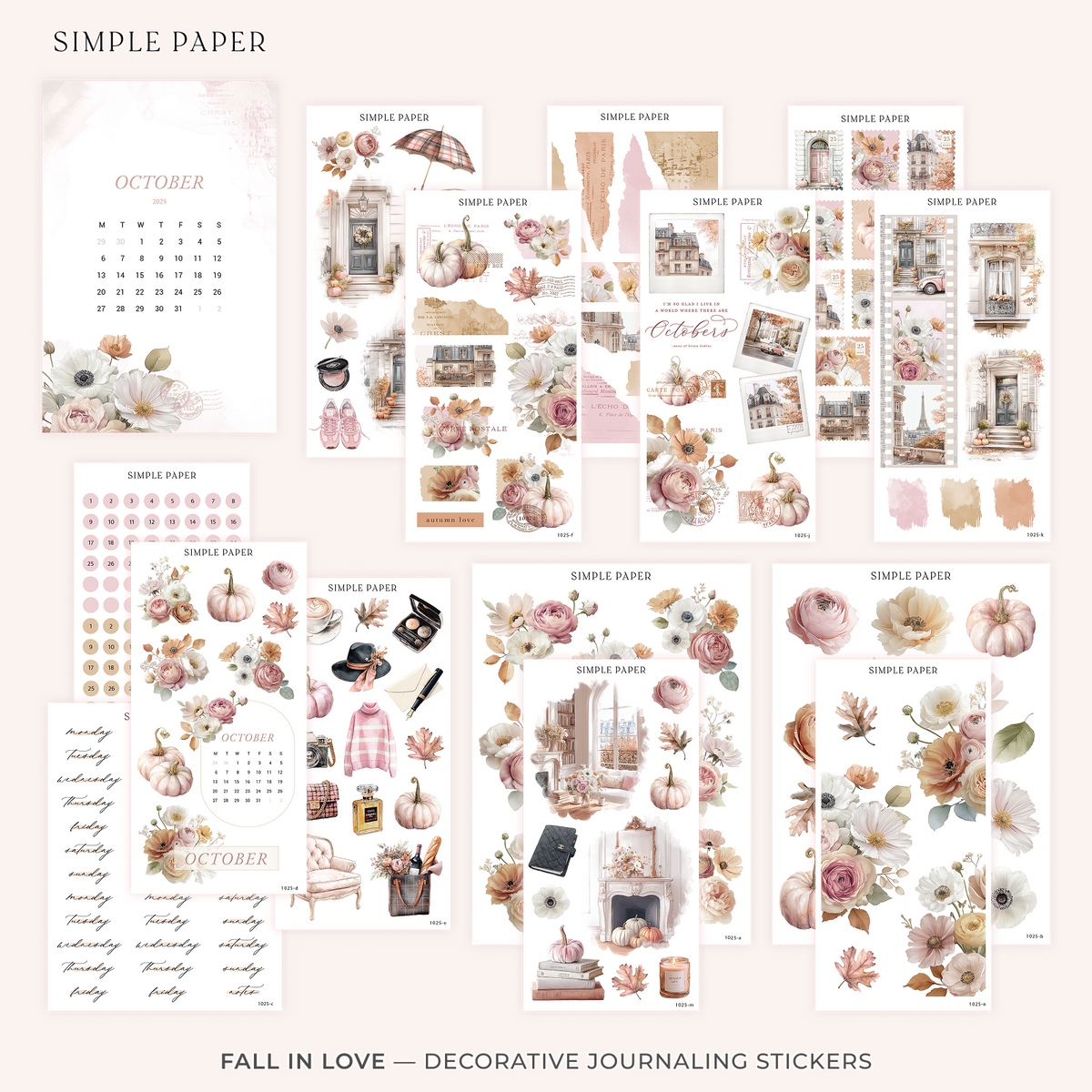 Fall in Love full decorative journaling sticker kit with autumn florals, pumpkins and townhouse scenes