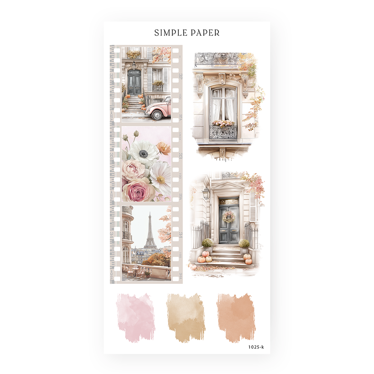 Fall in Love – filmstrip journaling stickers with doors, florals, and the Eiffel Tower