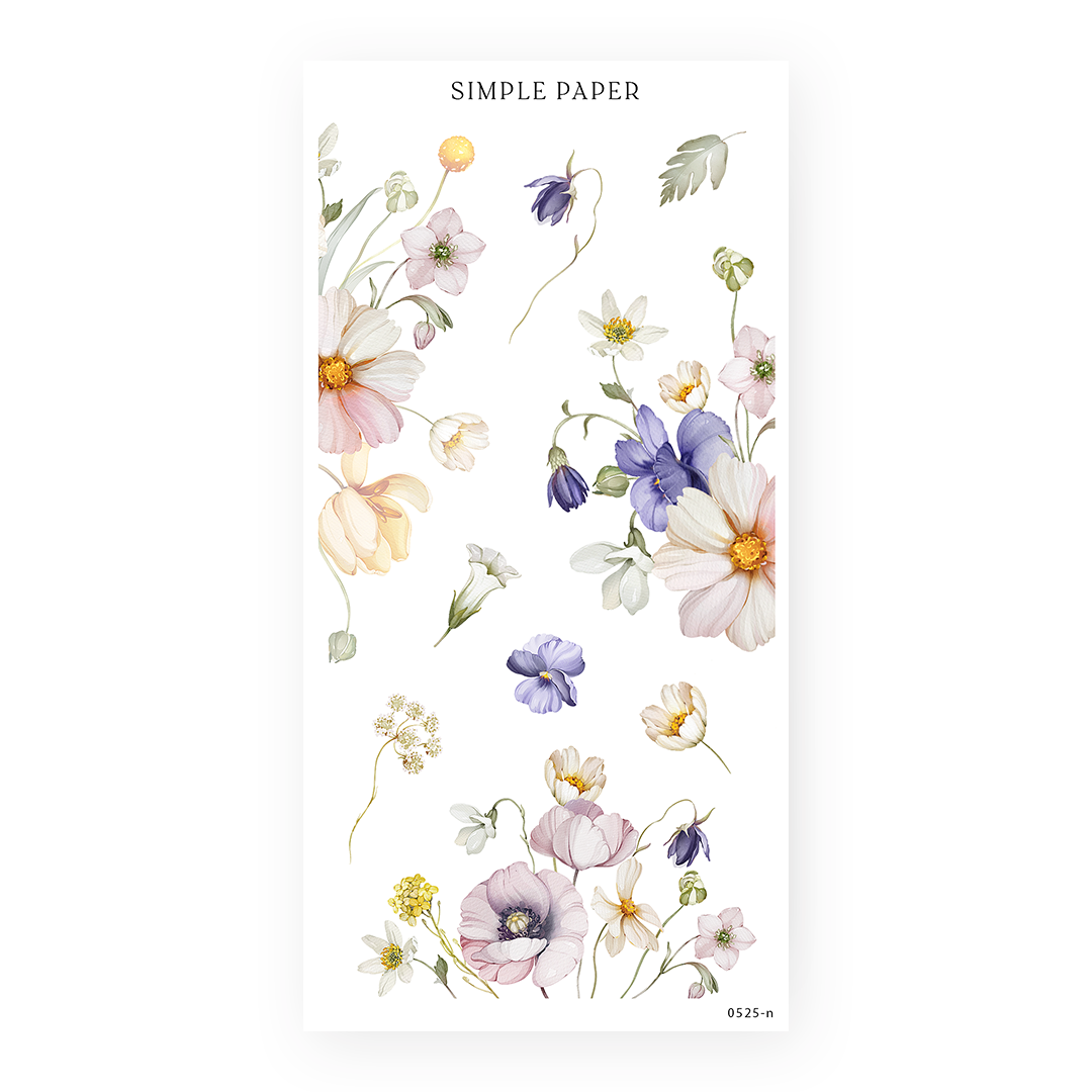 Loose pastel garden clusters sheet—cosmos, pansies, anemones and tiny bellflower sprigs floating on white.