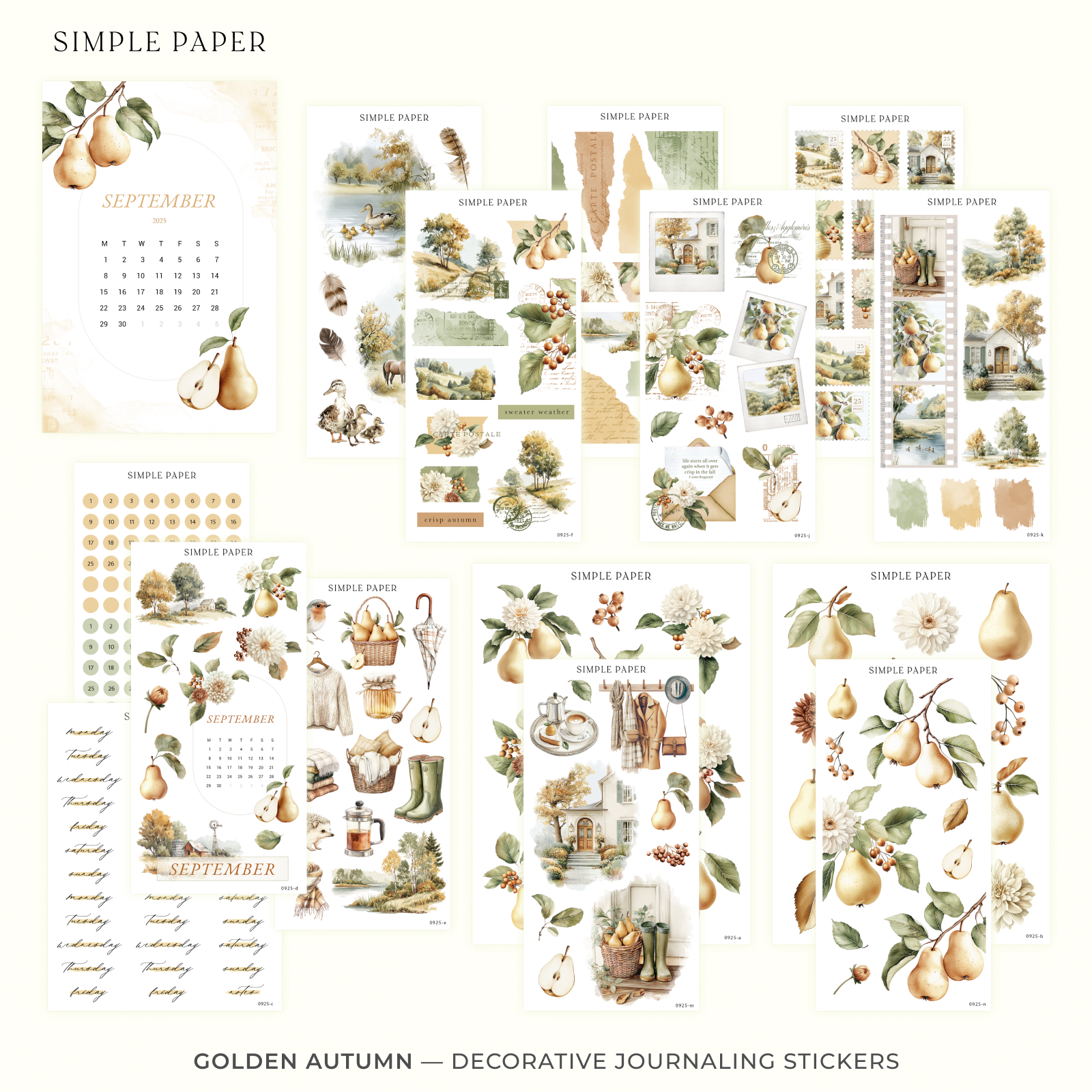 Full kit of stickers with pear branches, dahlias, cottages, and calendar sheets on a white background