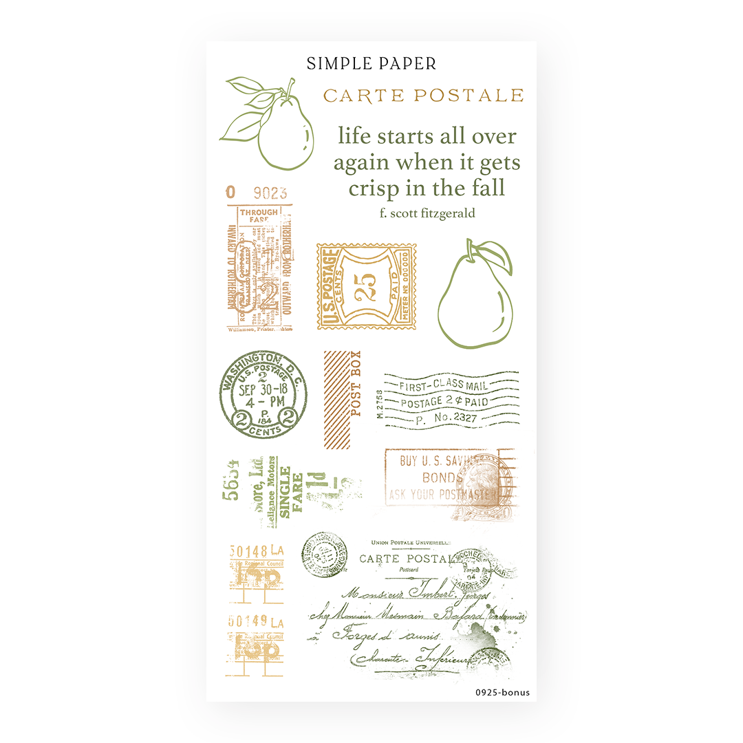 Sheet of decorative stickers with vintage postage stamps on a white background, featuring pears, postal marks, and a fall quote