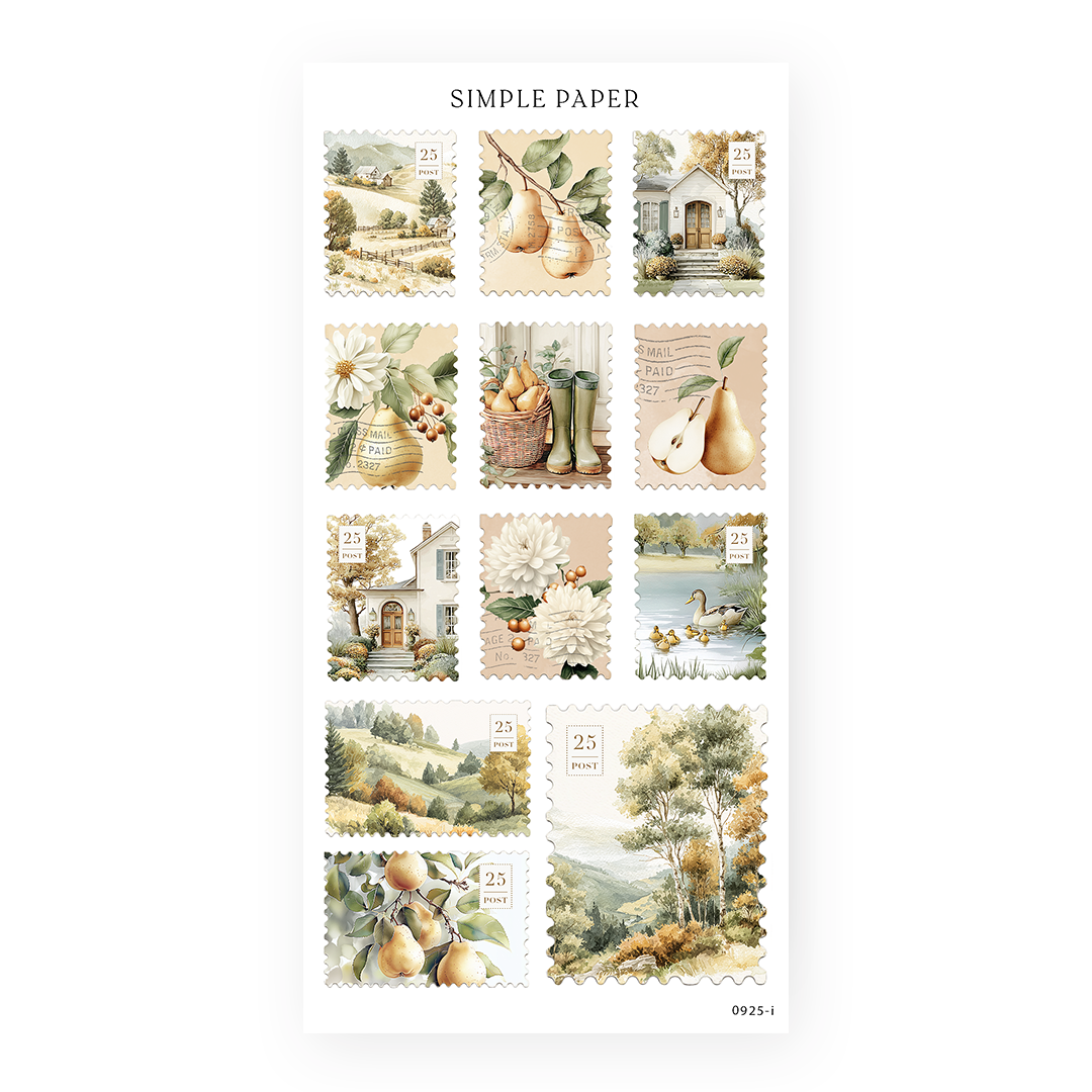 Sheet of decorative stickers with postage stamp designs on a white background, featuring pears, chrysanthemums, cottages, and countryside landscapes