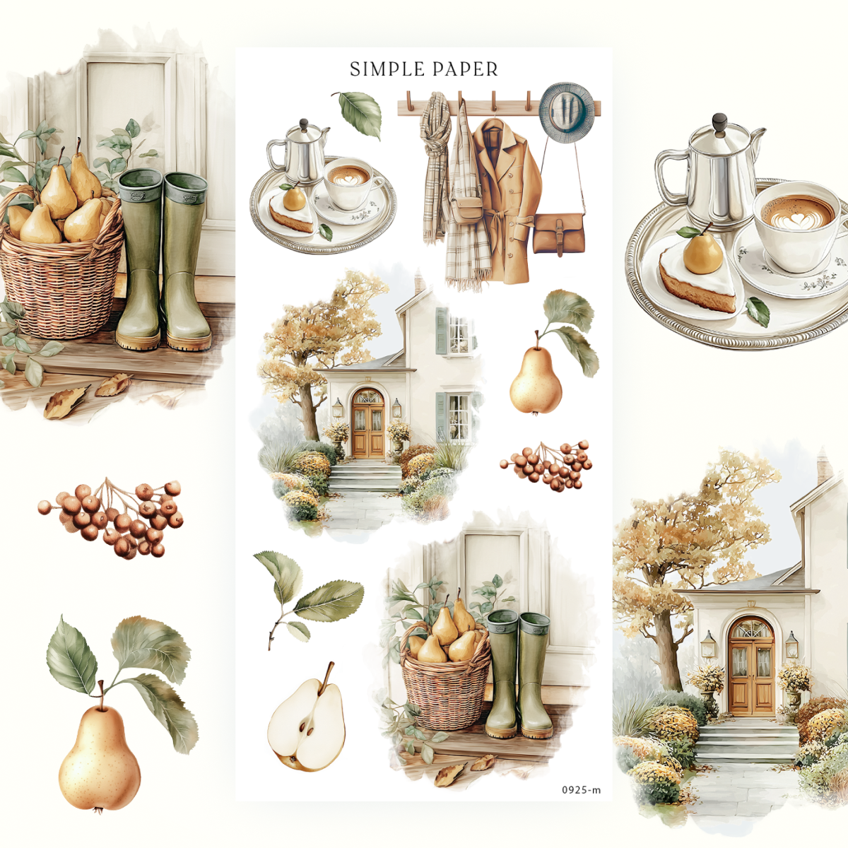 Golden Autumn – Sheet M decorative stickers with cozy autumn home, pears, and cottage details