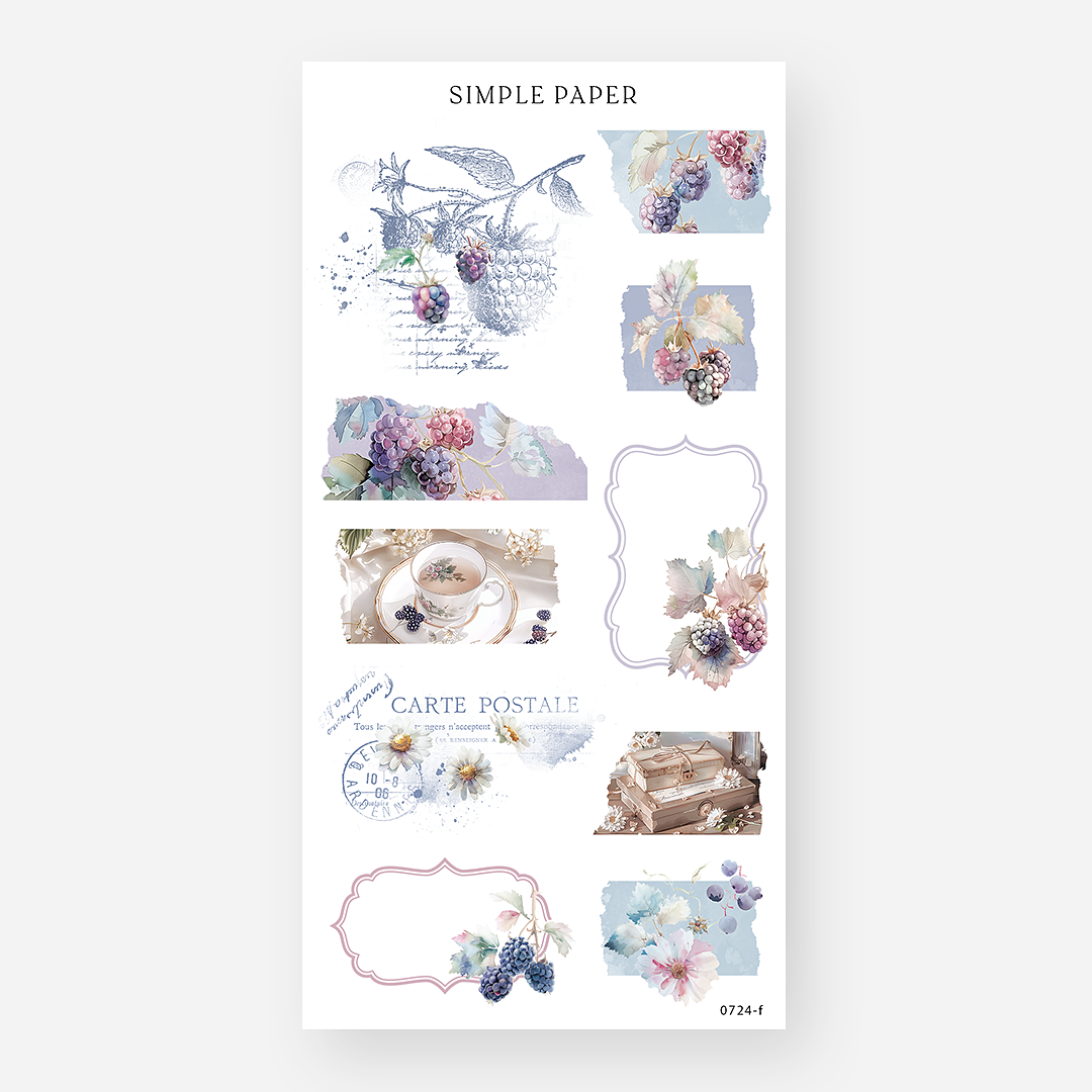 Collage-style sticker sheet with blackberry labels, postage overlays, florals, and vintage frames – July Sheet F by Simple Paper