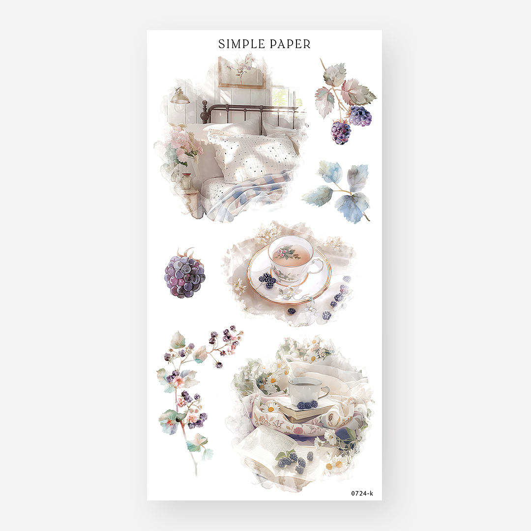 Tea and cottagecore sticker sheet with blackberries, linens, cozy bed scene, and teacups – July Sheet K by Simple Paper