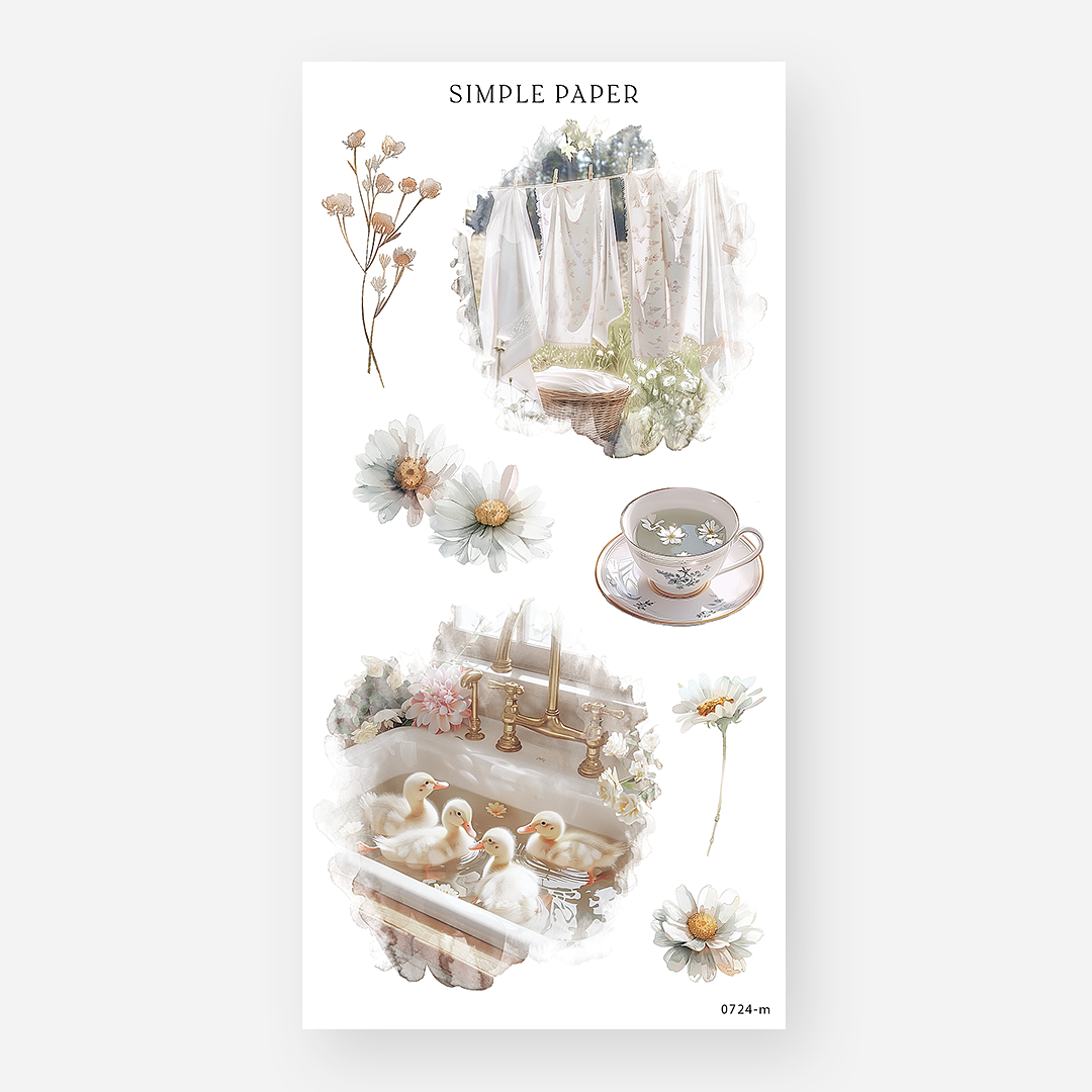 Cottagecore sticker sheet with ducklings in sink, tea with daisies, laundry on line, and soft florals – July Sheet M by Simple Paper
