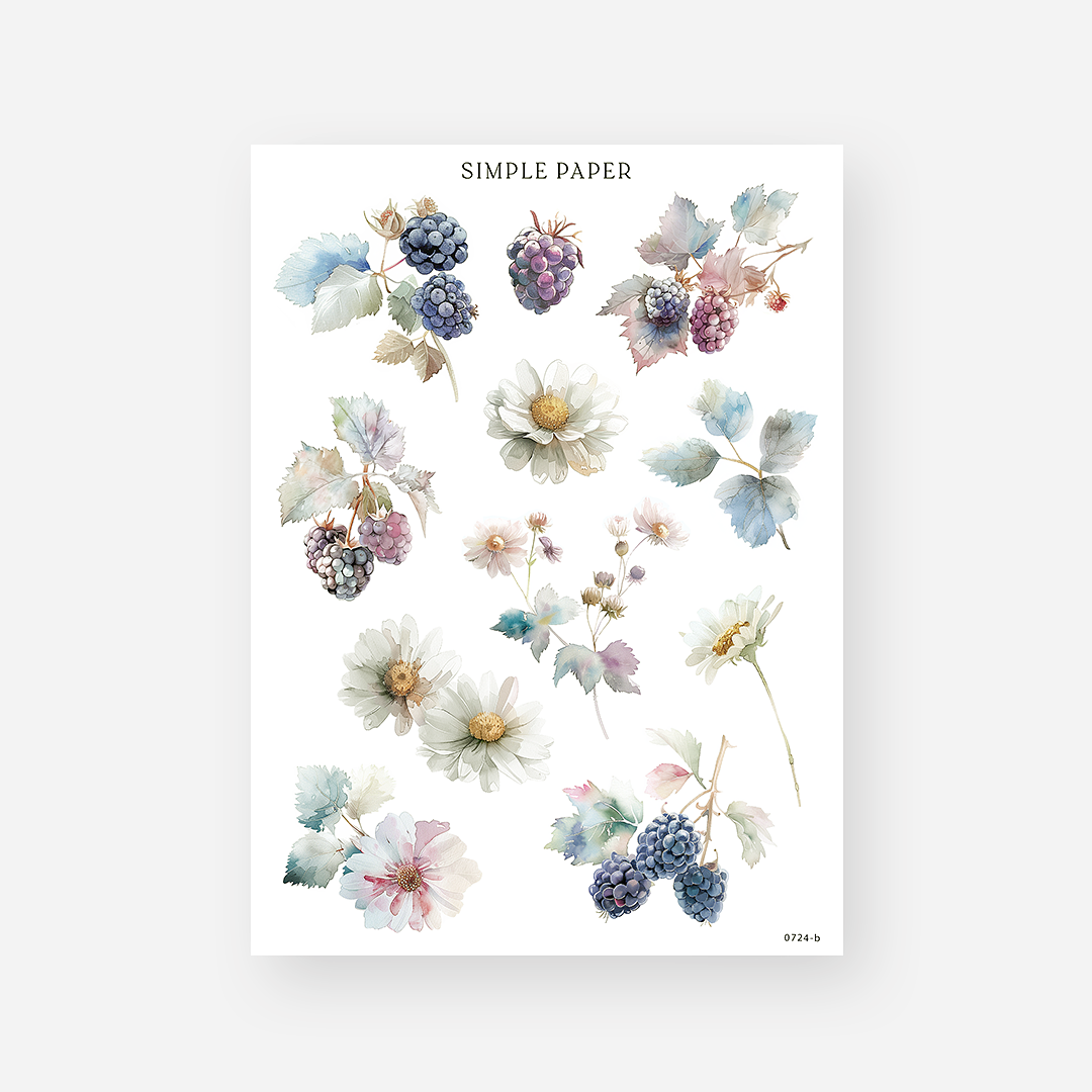Blackberries, daisies, and vintage leaf clusters in soft watercolor – July Sheet B by Simple Paper