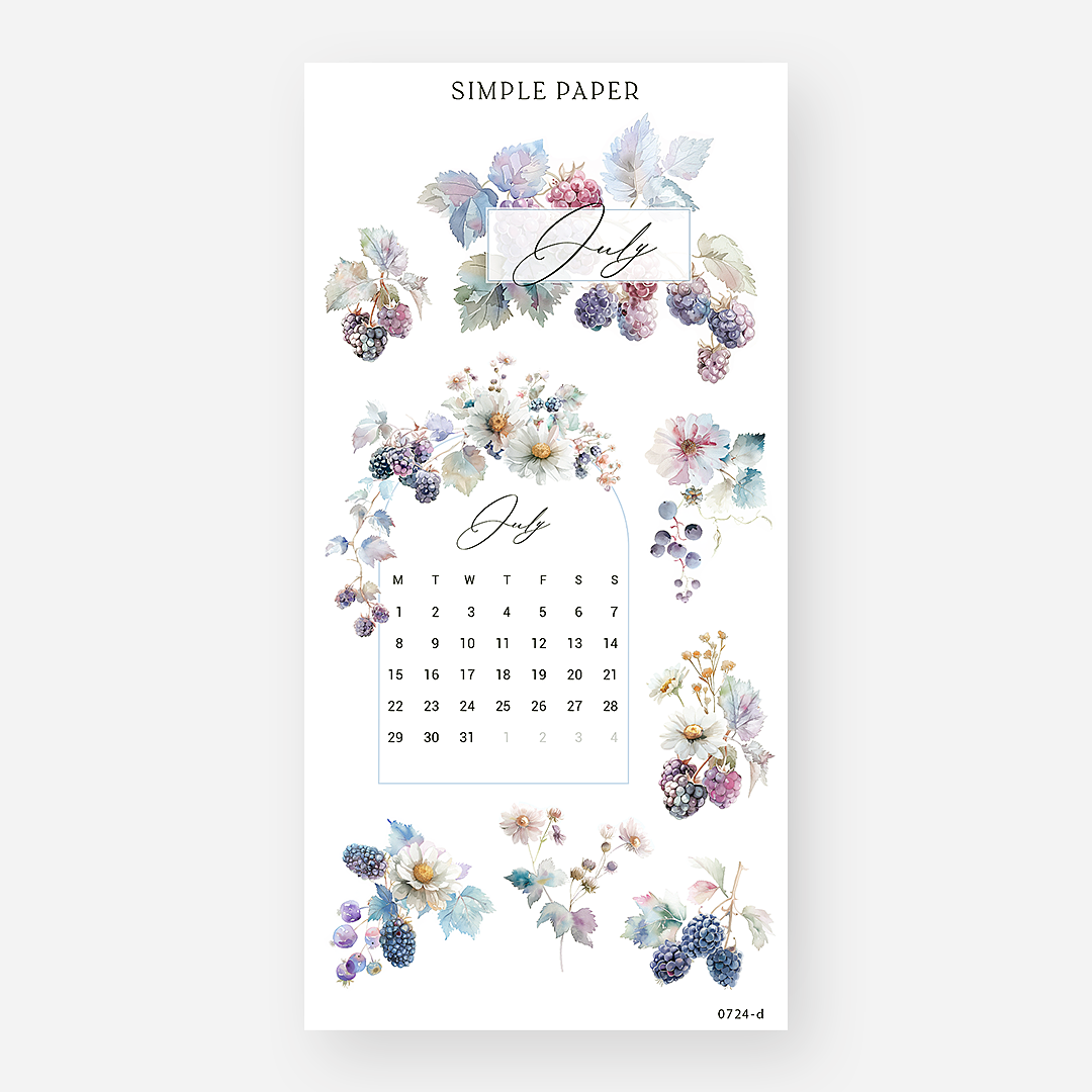 July calendar sticker sheet with floral arch, blackberry clusters, daisies, and soft script – July Sheet D by Simple Paper