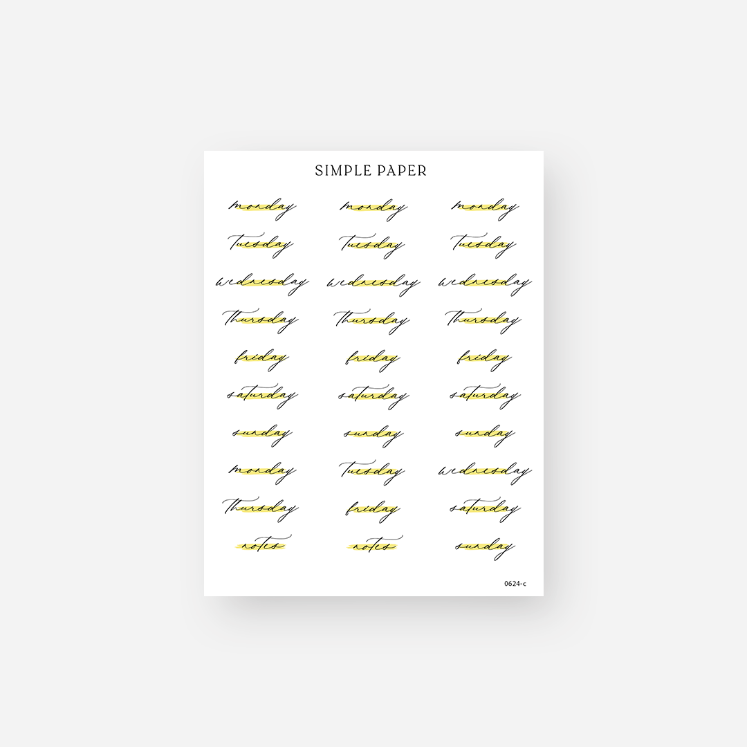 Weekday header stickers in cursive with lemon-yellow accents