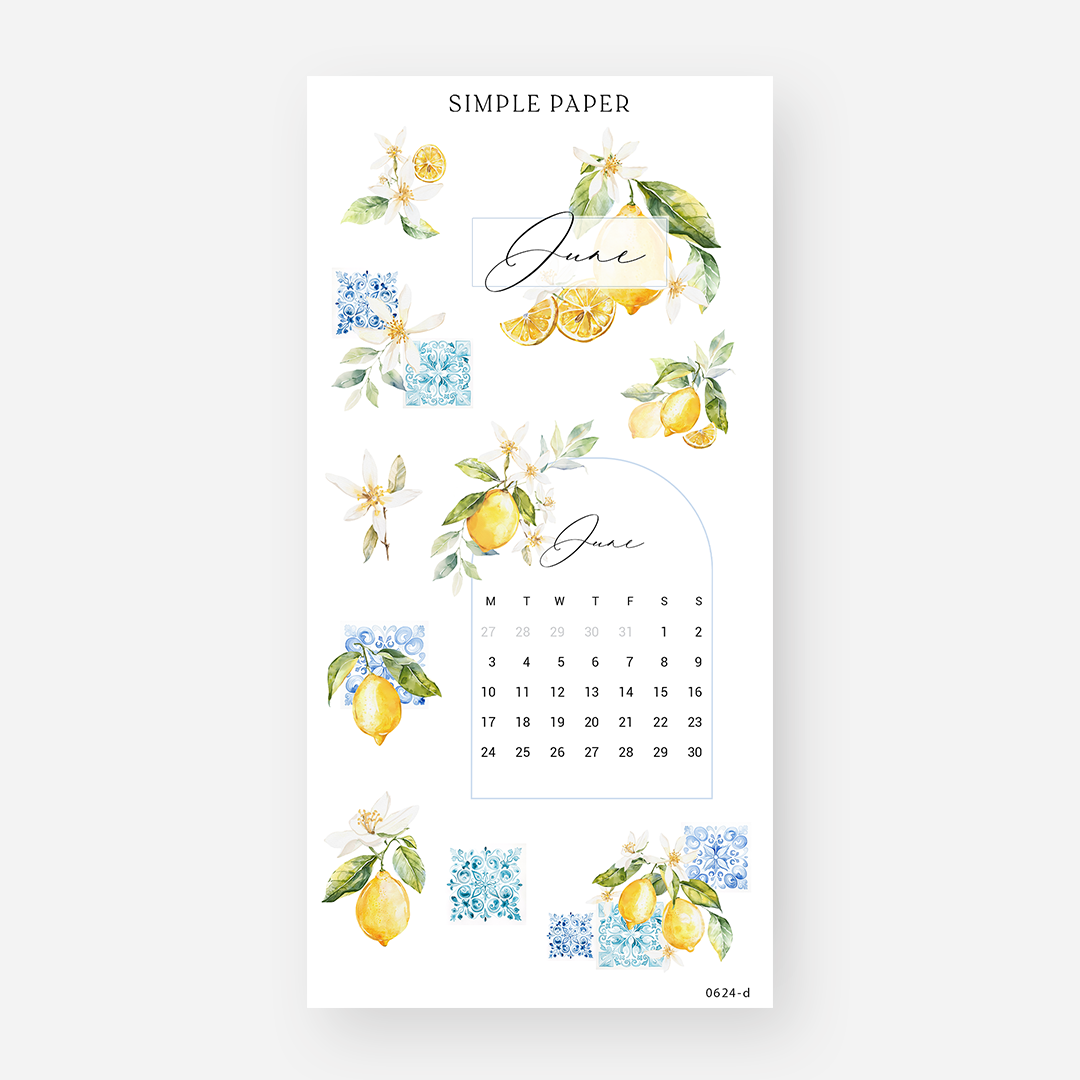 June calendar sticker sheet with lemons, florals, and blue tile accents