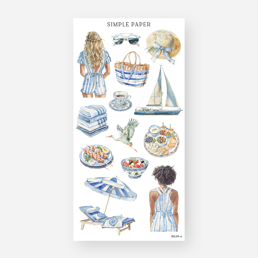 Summer lifestyle stickers with fashion, beach accessories, and Mediterranean food