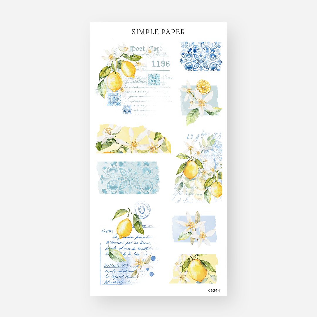 Collage-style ephemera stickers with lemons, florals, and vintage postcard textures