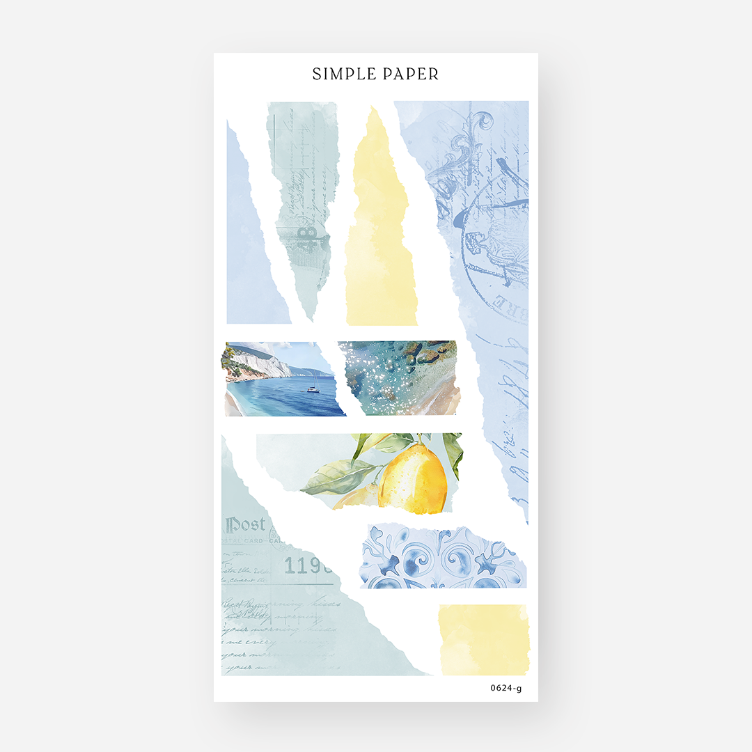 Torn collage strips in lemon yellow, coastal blue, and soft sea textures