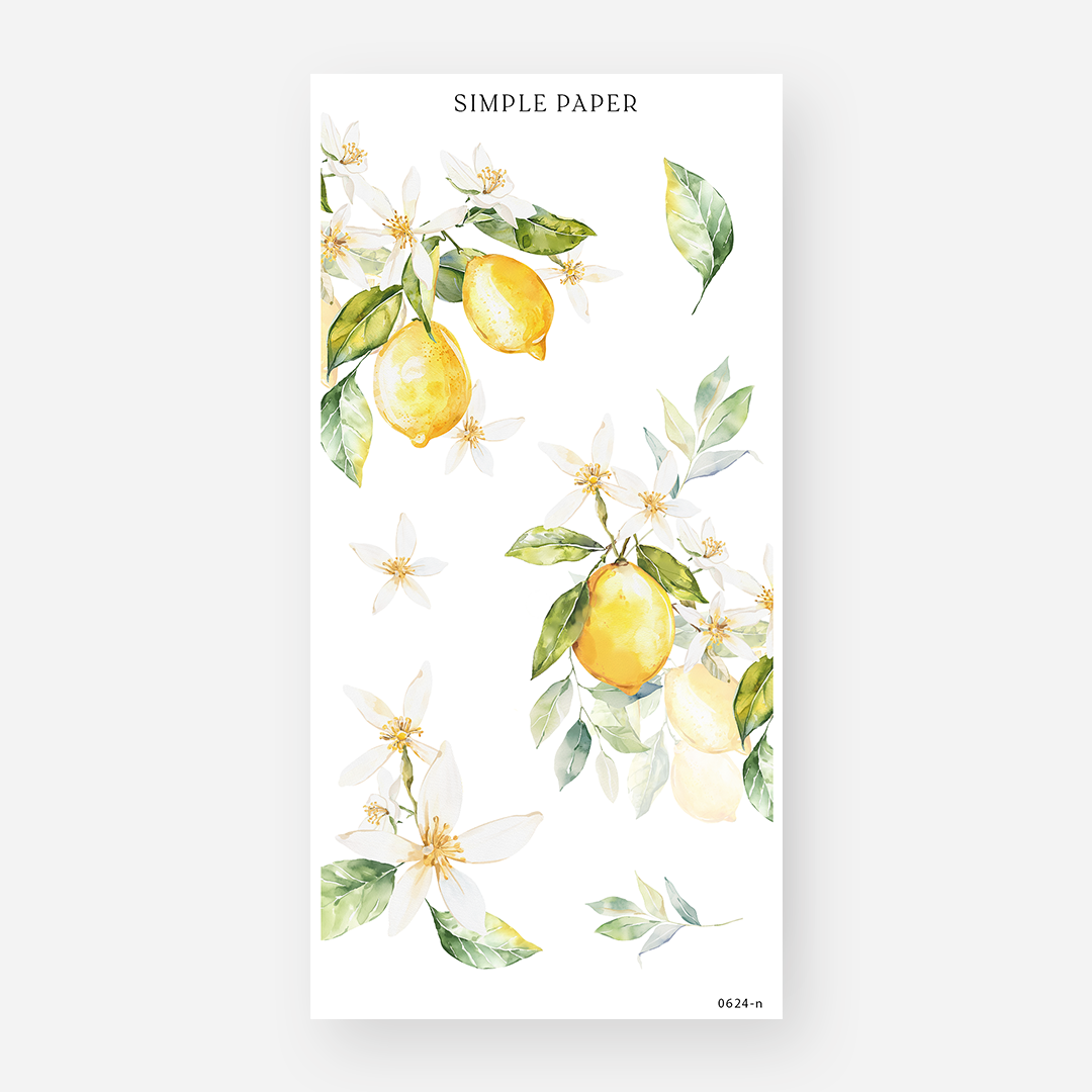 Lemon blossom and citrus leaf stickers in a soft, romantic watercolor style